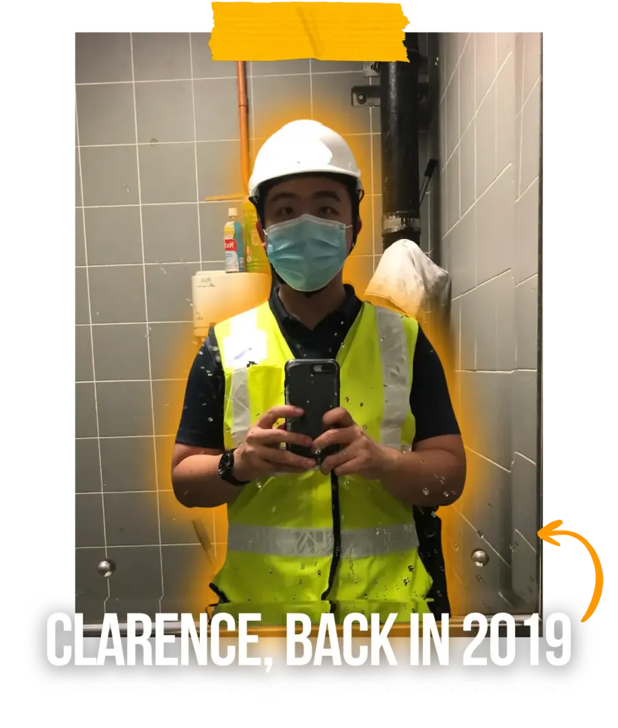 Clarence Cheang in a hardhat and high-visibility vest in 2019, before founding TheFBAbros.
