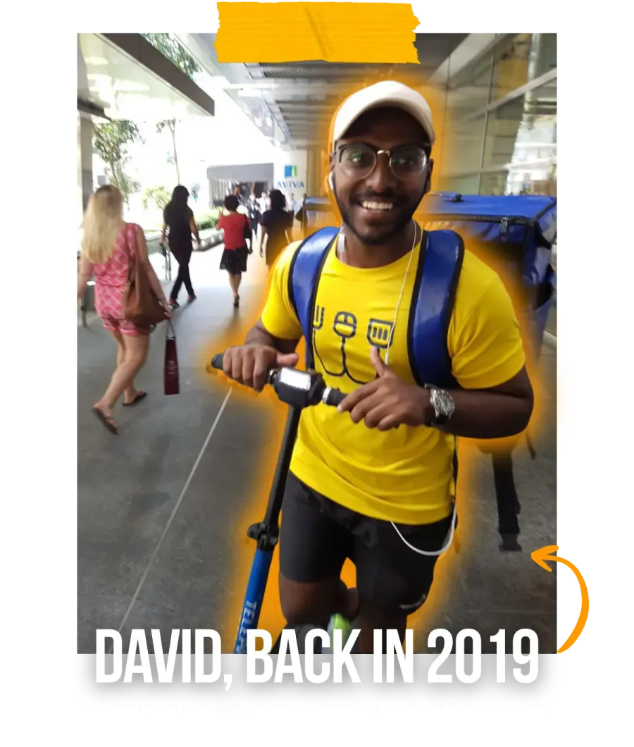 David working as a food-delivery rider in 2019, before becoming a 7-figure Amazon FBA entrepreneur.